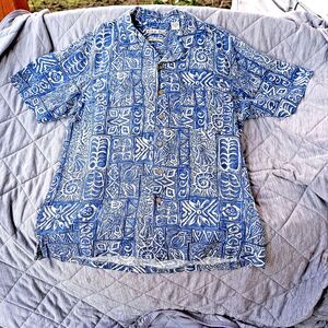 Batik Bay Washable Silk Button-Down Blue/Cream Hawaiian Shirt Sz M Resort Casual